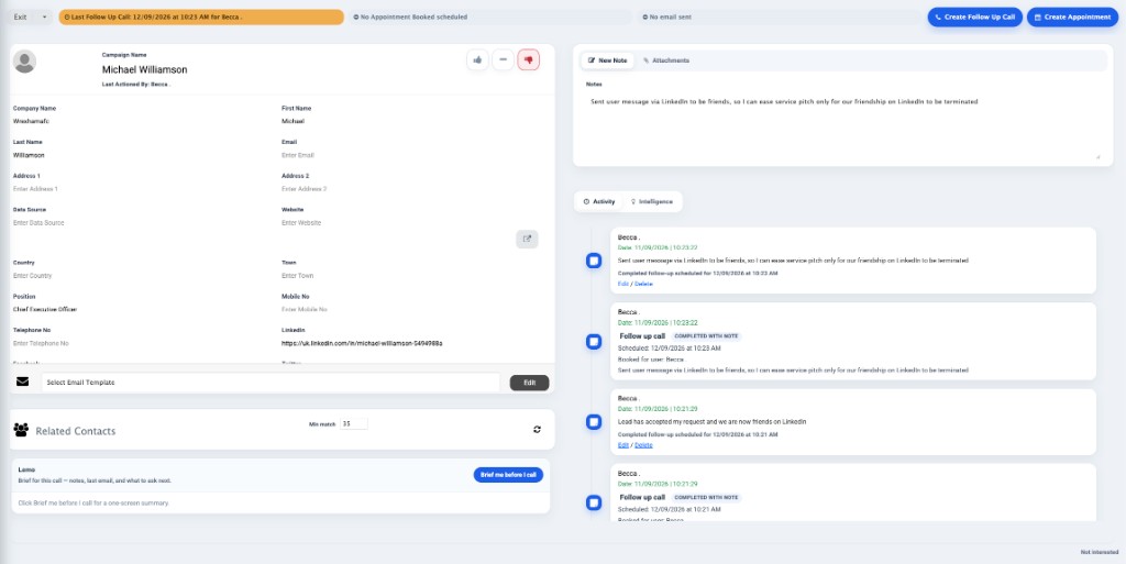 Contact record with notes and activity