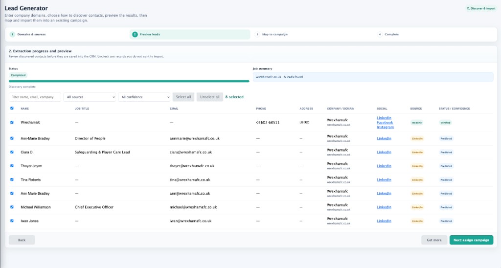 Lead Generator preview table of discovered contacts